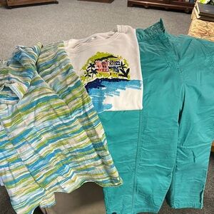 Kim Rogers White Graphic Tee with Blue and Green Accents